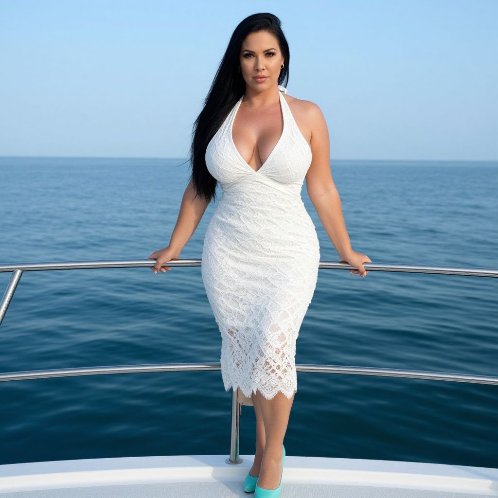 Elegant Woman in White Lace Dress on Boat with Ocean Background