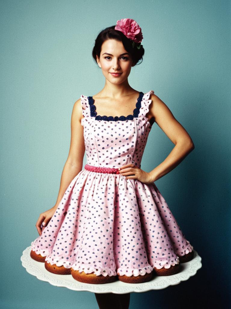 Young Woman in Pink Polka Dot Cupcake Dress with Flower Hair Accessory
