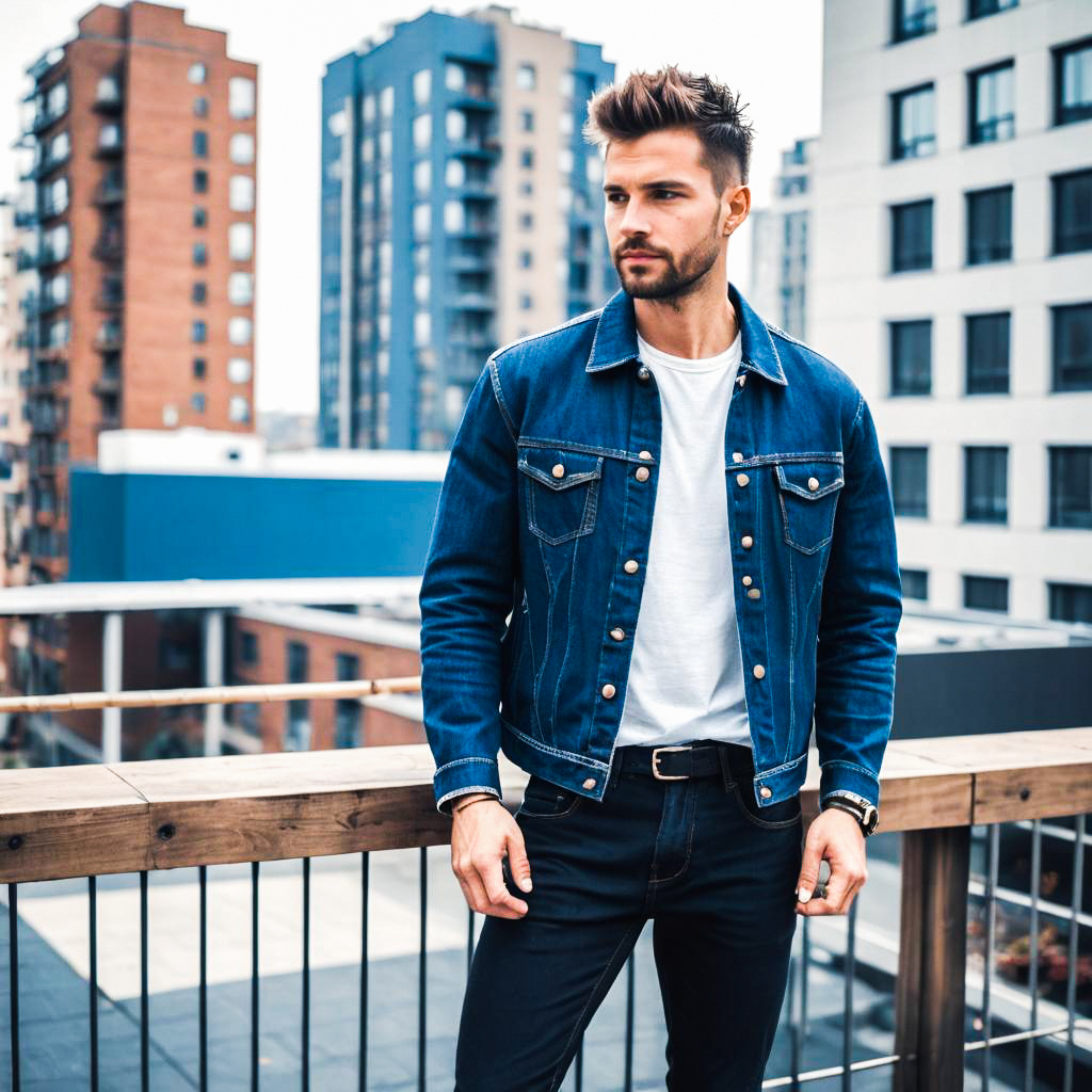 Stylish Young Man on Balcony with Urban Skyline