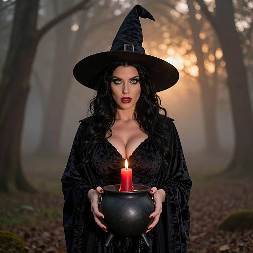 Witch Woman in Black Holding Cauldron with Candle in Misty Forest