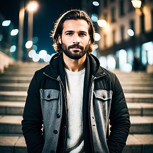 Confident Young Man Outdoors at Night