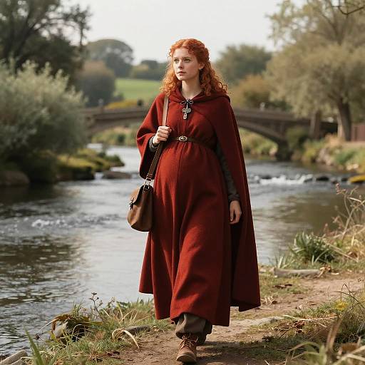 Woman in Medieval Red Cloak Walking by Riverside with Bridge in Background