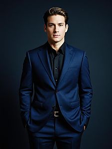 Confident Man in Navy Blue Suit and Black Shirt Modern Business Style