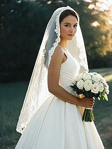 Elegant Woman in White Wedding Dress with Veil Holding White Rose Bouquet