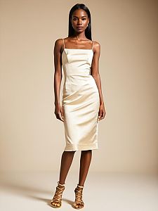 Elegant Woman in Ivory Satin Midi Dress with Gold Lace-Up Heels