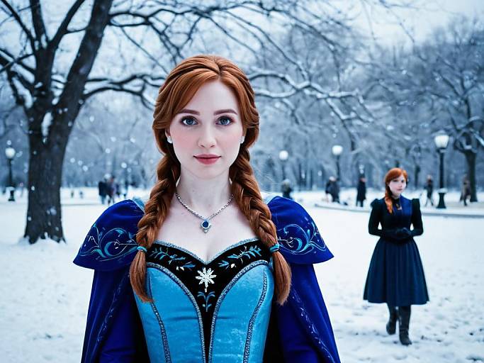 Adult Woman Cosplaying as Frozen Princess Anna in Blue Dress in Snowy Park