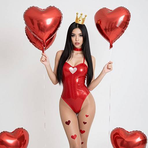 Woman in Red Heart Bodysuit Holding Heart Balloons with Crown