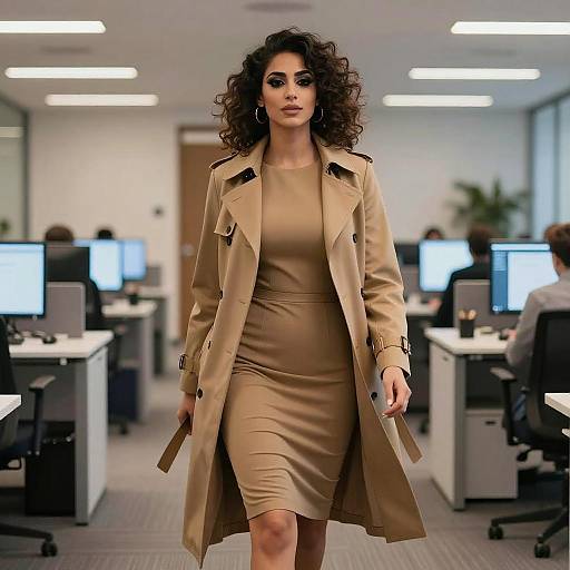 Confident Woman in Beige Trench Coat Walking in Modern Office
