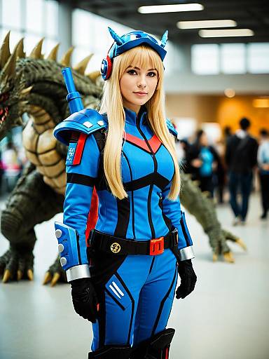 Blue Futuristic Armor Cosplay with Dragon Prop at Convention