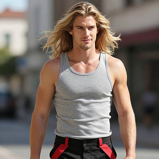 Man with Long Blonde Hair Wearing Gray Tank Top and Black Pants Outdoors