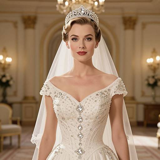 Elegant Royal Bridal Portrait in Beaded Wedding Gown and Jeweled Tiara