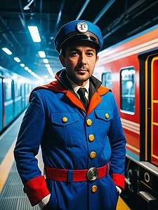 Man in Thomas the Train Cosplay Costume Standing in Train Station
