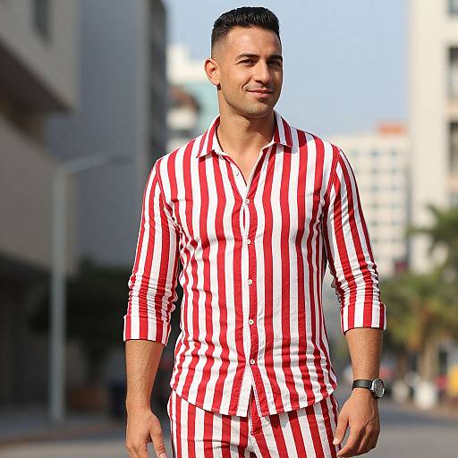 Man Wearing Red and White Striped Casual Outfit Outdoors