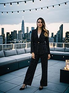 Confident Woman in Stylish Pantsuit on Rooftop with City Skyline Background