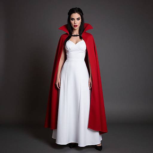 Elegant Woman in White Gown and Red Cape Fashion Portrait