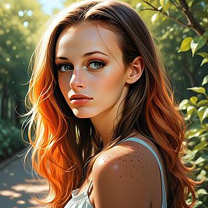 Hyper-Realistic Digital Portrait of Young Woman with Auburn Hair Outdoors