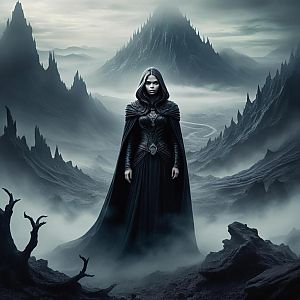 Mysterious Woman in Dark Cloak in Foggy Mountains