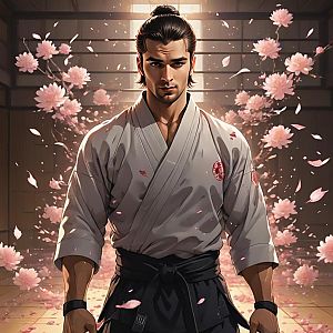 Martial Artist in Serene Dojo with Cherry Blossoms