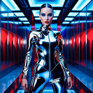 Confident Woman in Futuristic Metallic Bodysuit