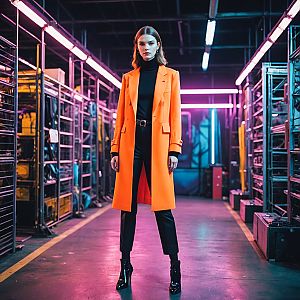 Confident Woman in Futuristic Setting with Orange Coat