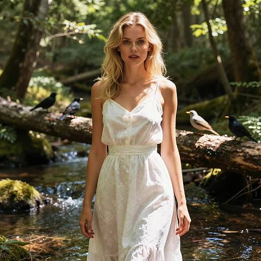 Blonde Woman in White Dress by Forest Stream with Birds