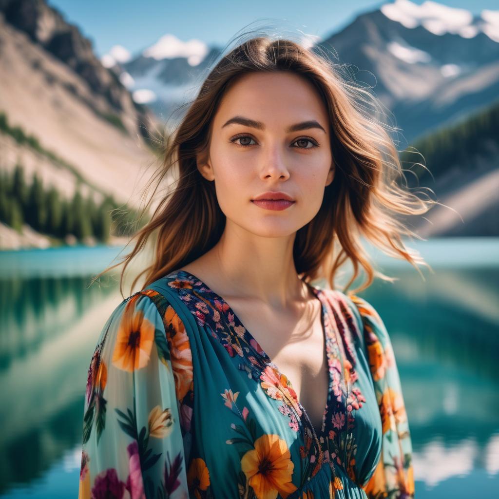 Woman in Floral Dress by Mountain Lake Woman in Floral Dress by Mountain Lake