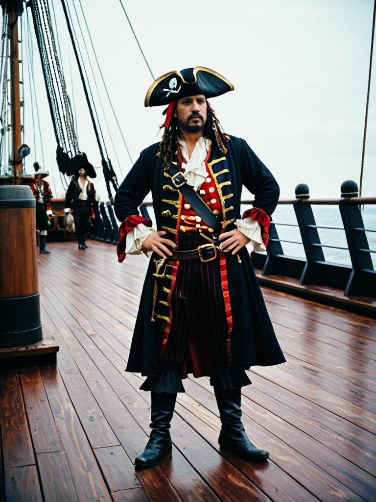 Man in Pirate Costume Full Body Cosplay Photo on Ship Deck