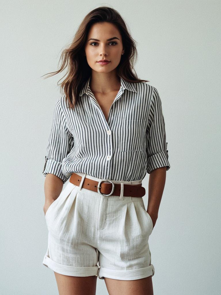 Confident Woman in Striped Shirt and High-Waisted White Shorts Fashion Portrait