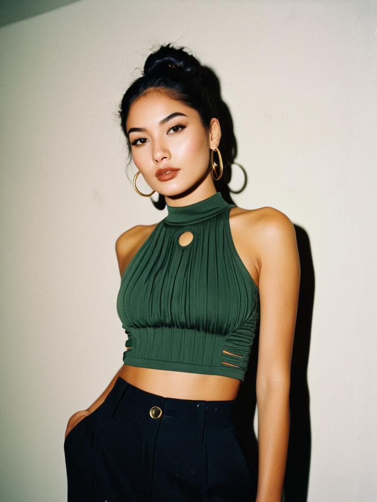 Contemporary Street Style Woman in Olive Green Cropped Tank Top