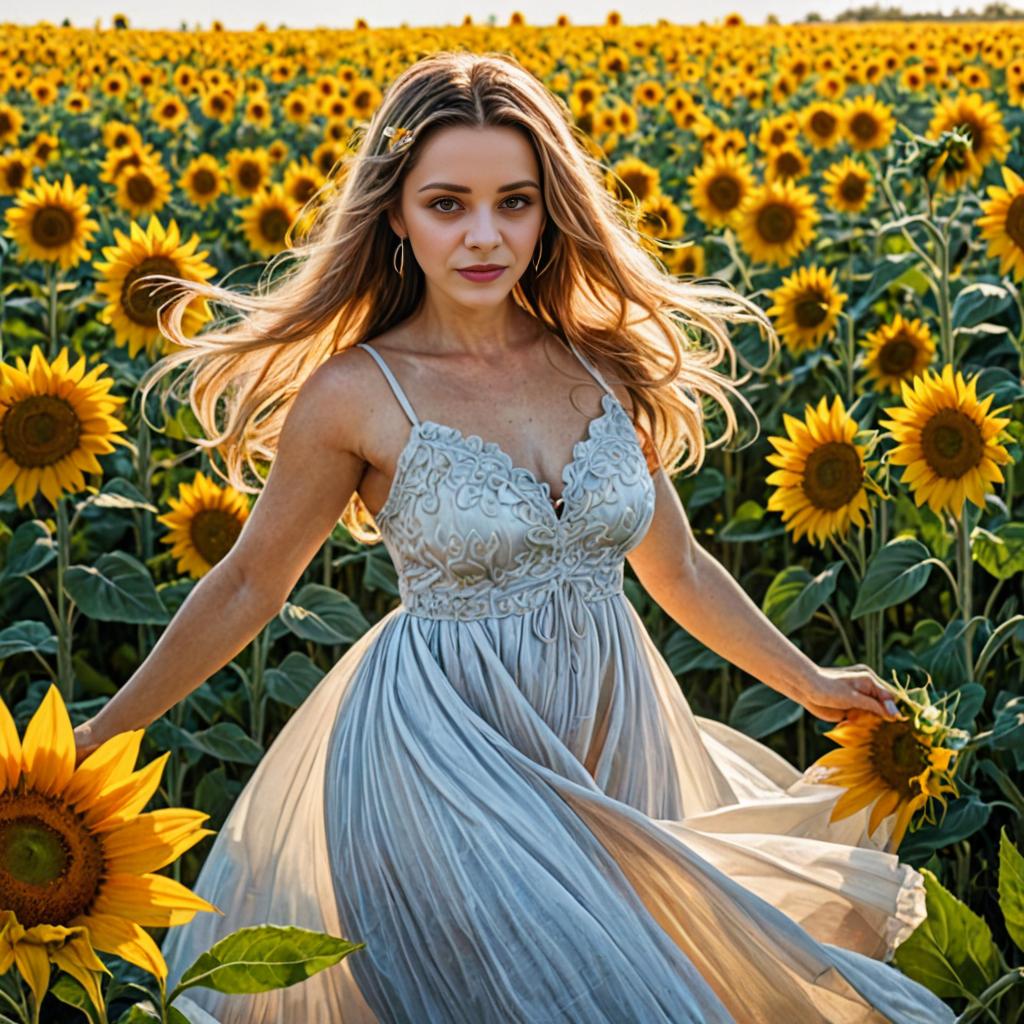 Woman in Embroidered Dress Among Sunflowers