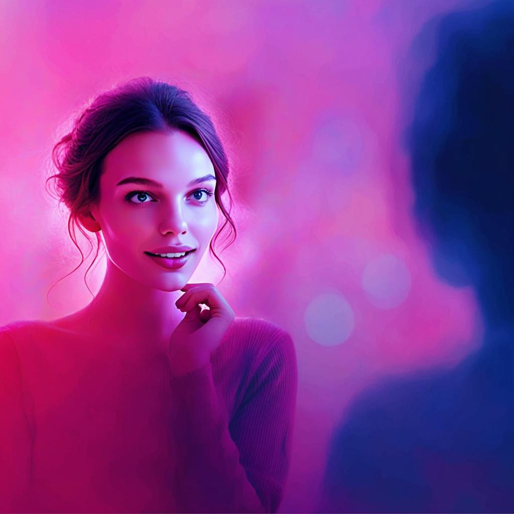 Portrait of Young Woman in Vibrant Pink and Purple Neon Light