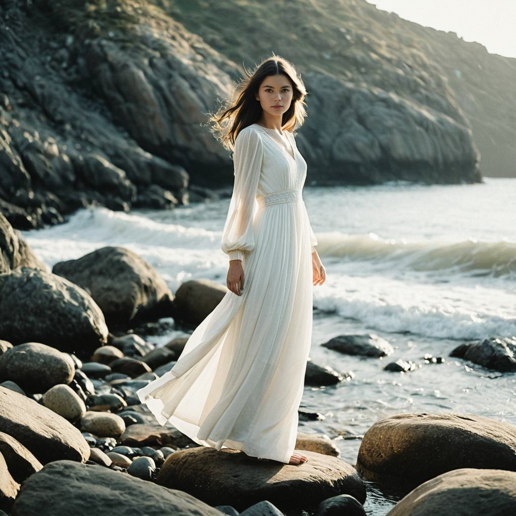 Woman in White Dress on Rocky Shore