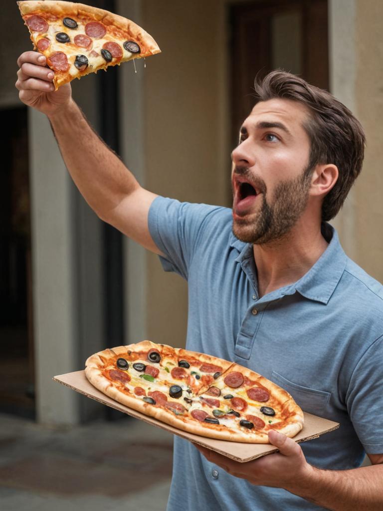 Excited Man Holding Pizza with Stretching Cheese