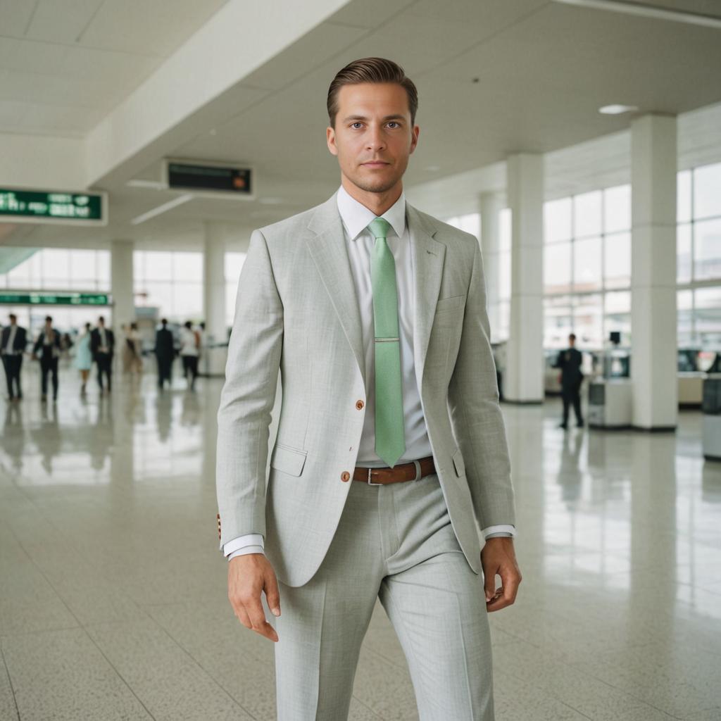 Confident Man in Gray Suit at Terminal