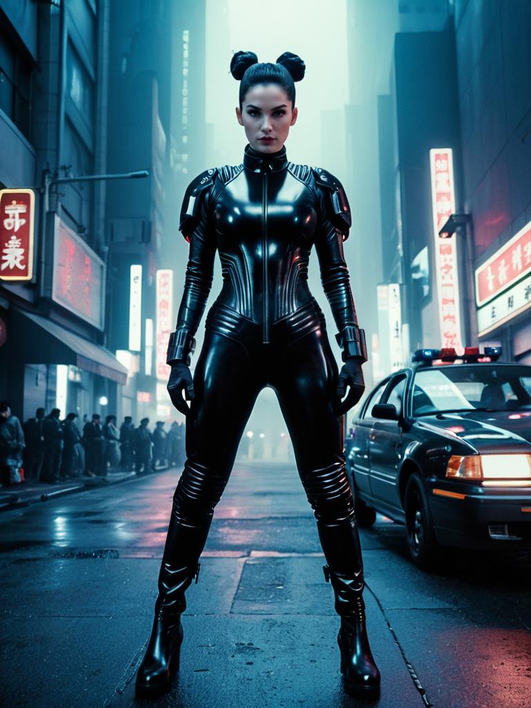 Futuristic Woman in Black Leather Bodysuit on Cyberpunk City Street