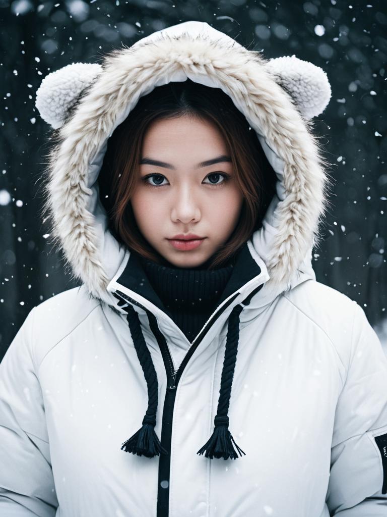 Woman in Uraraka Winter Costume with Fur Hood in Snowfall