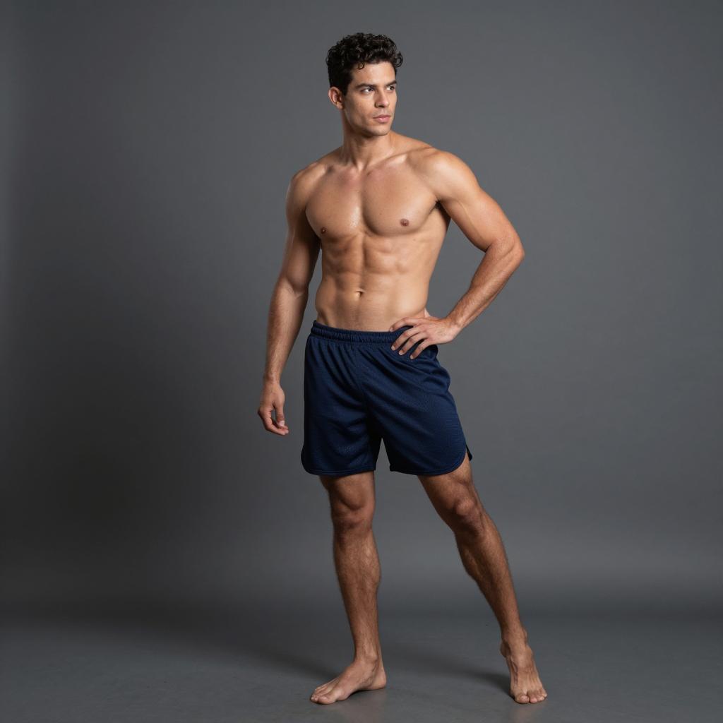 Fit Young Man in Navy Shorts Showing Muscular Physique in Studio
