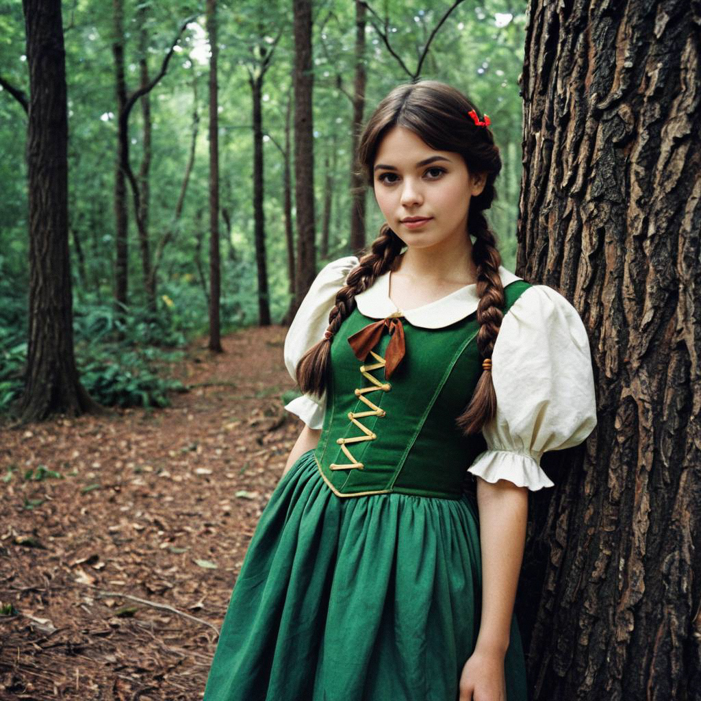 Young woman in vintage green dress in forest