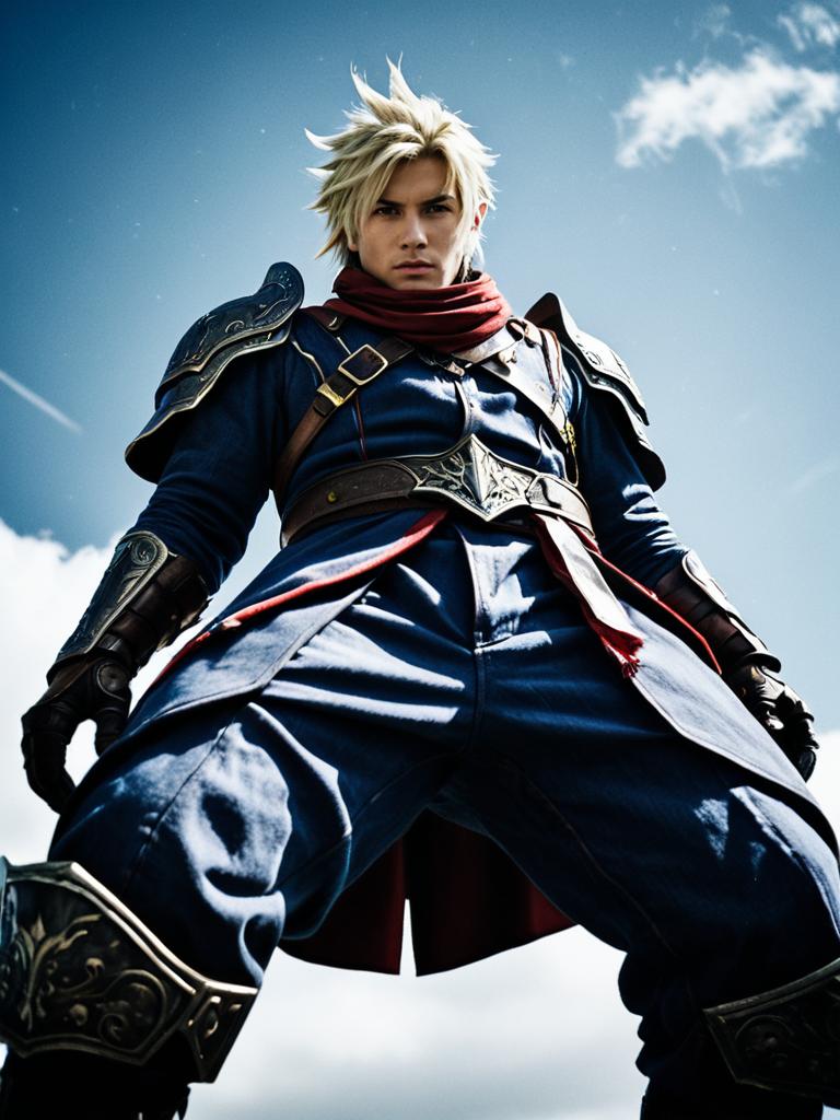 Heroic Man in Final Fantasy Costume in Cinematic Realism Low Angle Shot