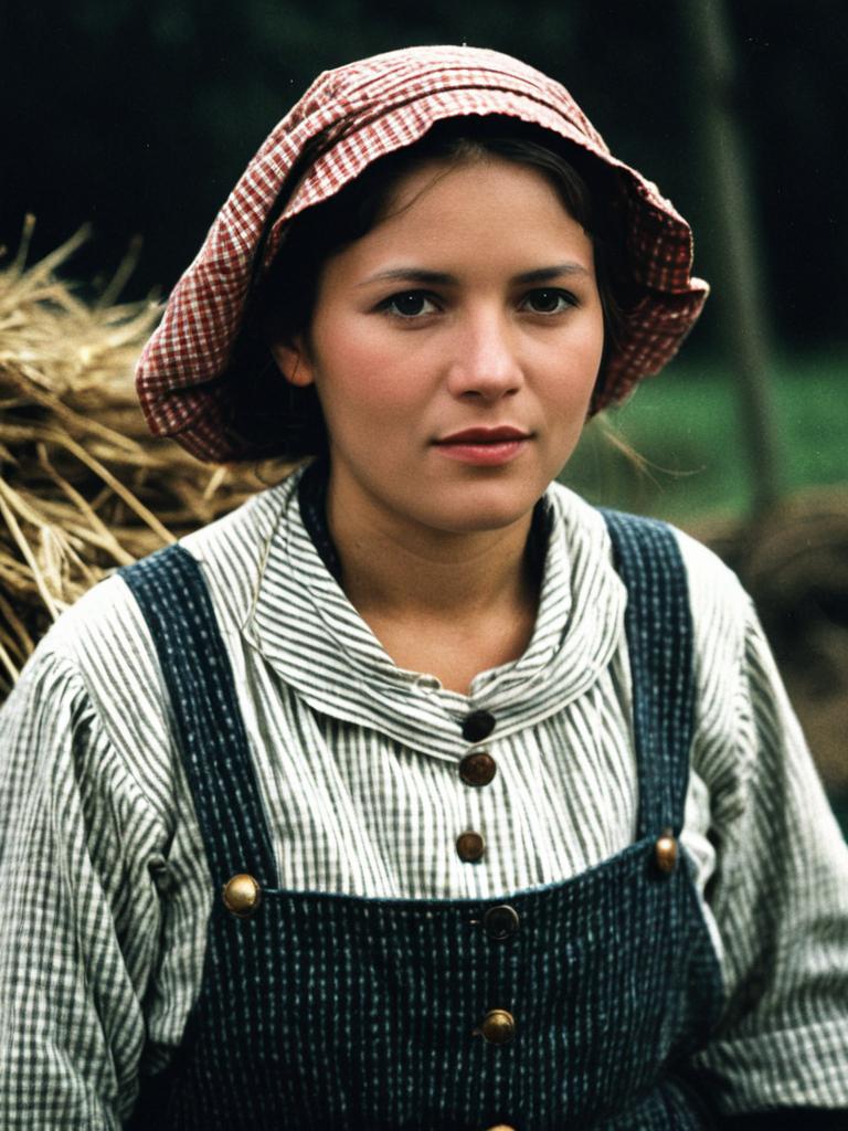 Young Woman in Traditional Peasant Clothing with Checkered Bonnet