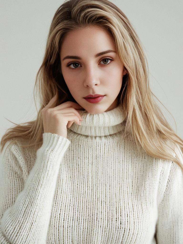 Blonde Woman in White Knitted Turtleneck Sweater Close-Up Portrait