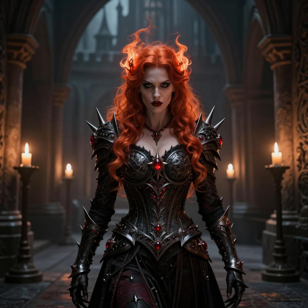 Fierce Red-Haired Woman in Gothic Black Armor with Red Gems