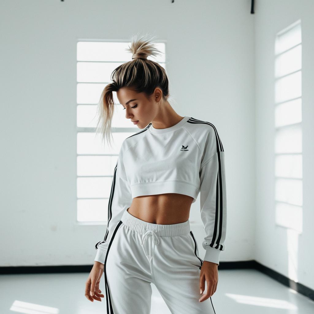 Fit Woman in Modern White Athletic Tracksuit with Black Stripes