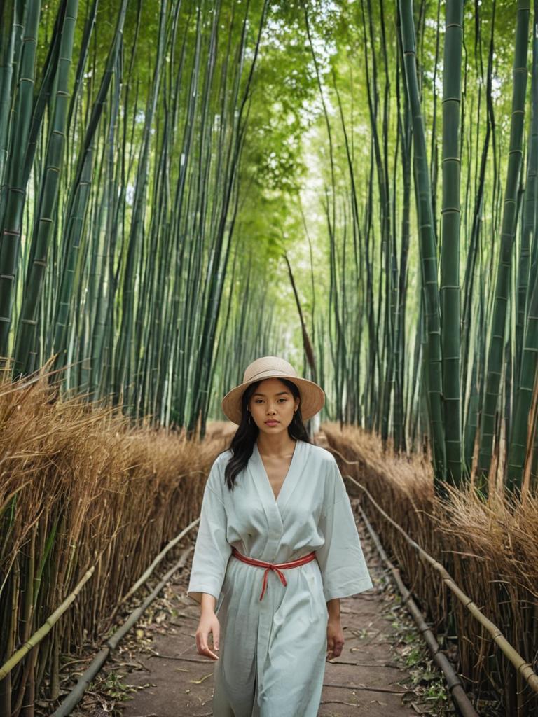 Woman Walking in Bamboo Forest