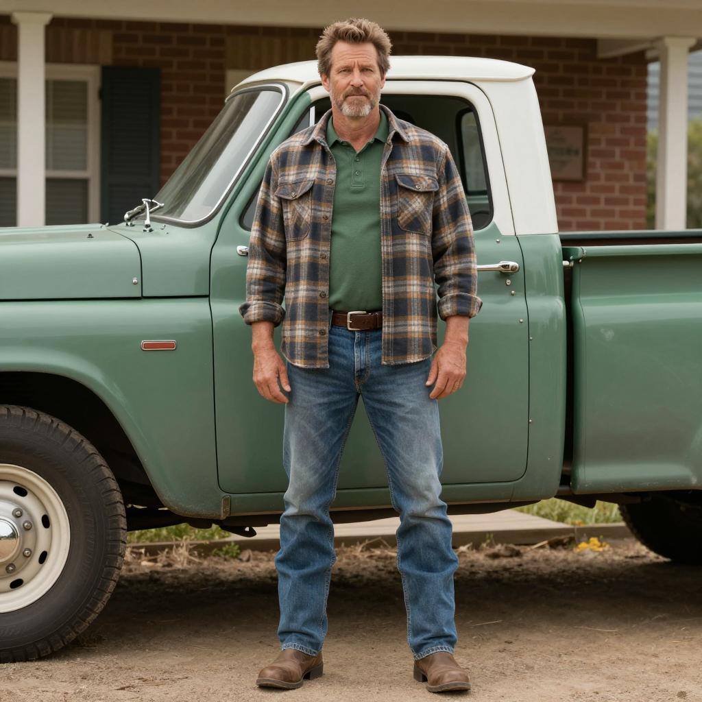 Man Standing in Front of Vintage Green Pickup Truck Outdoors