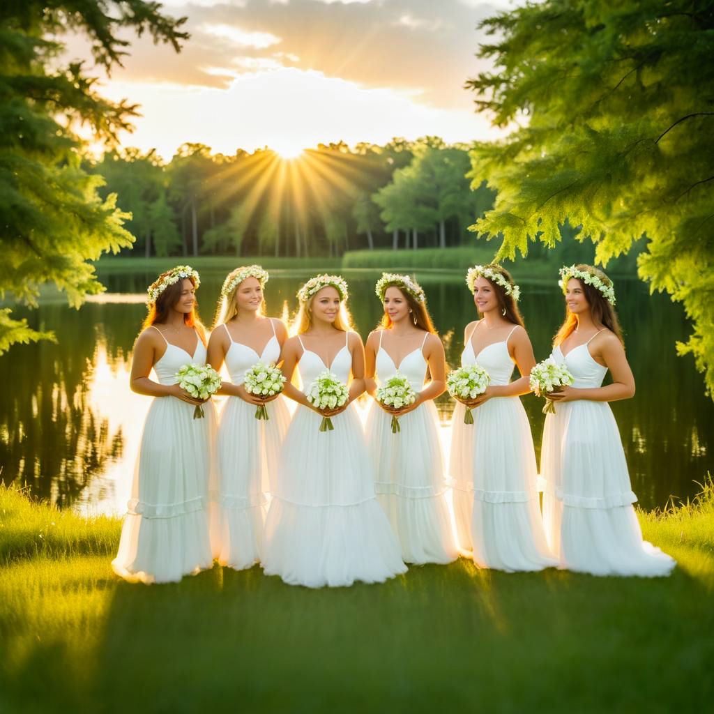 Women in White Gowns by Tranquil Lake at Sunset