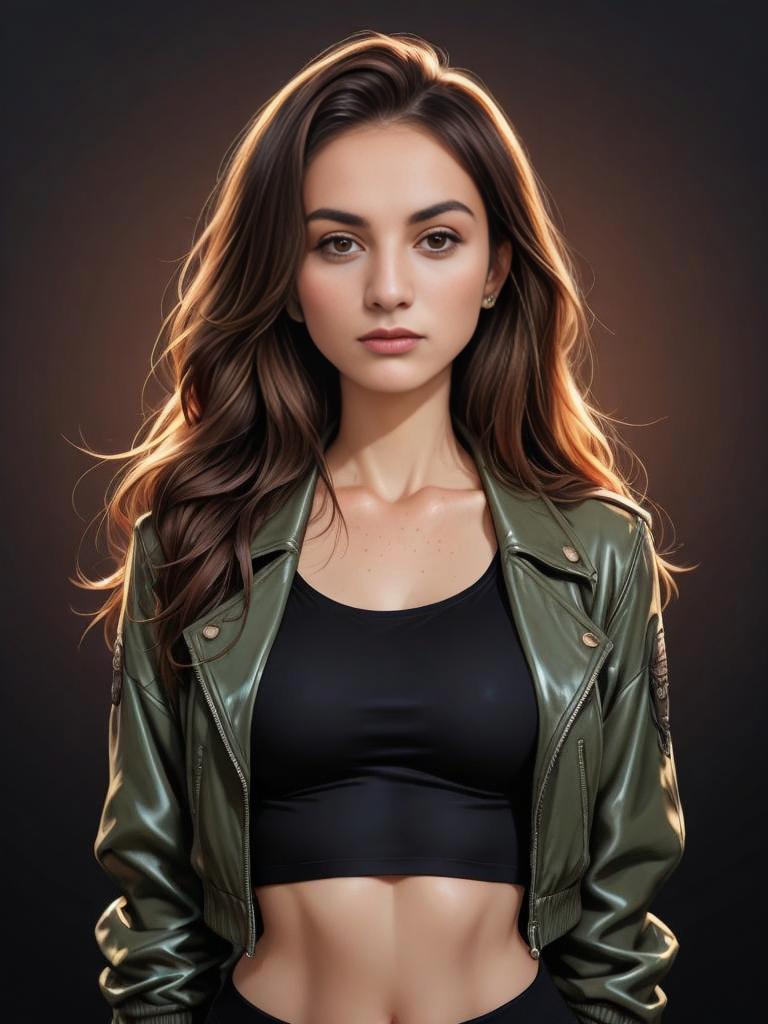 Confident Young Woman in Green Leather Jacket Confident Young Woman in Green Leather Jacket