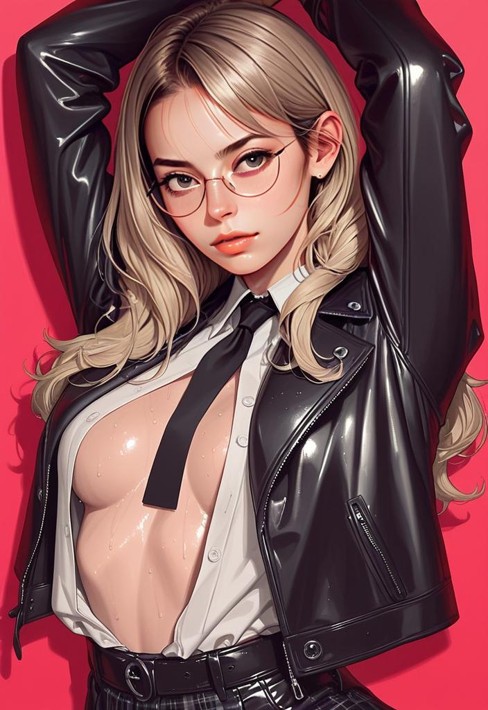 Stylish Blonde Woman in Black Leather Jacket Digital Illustration