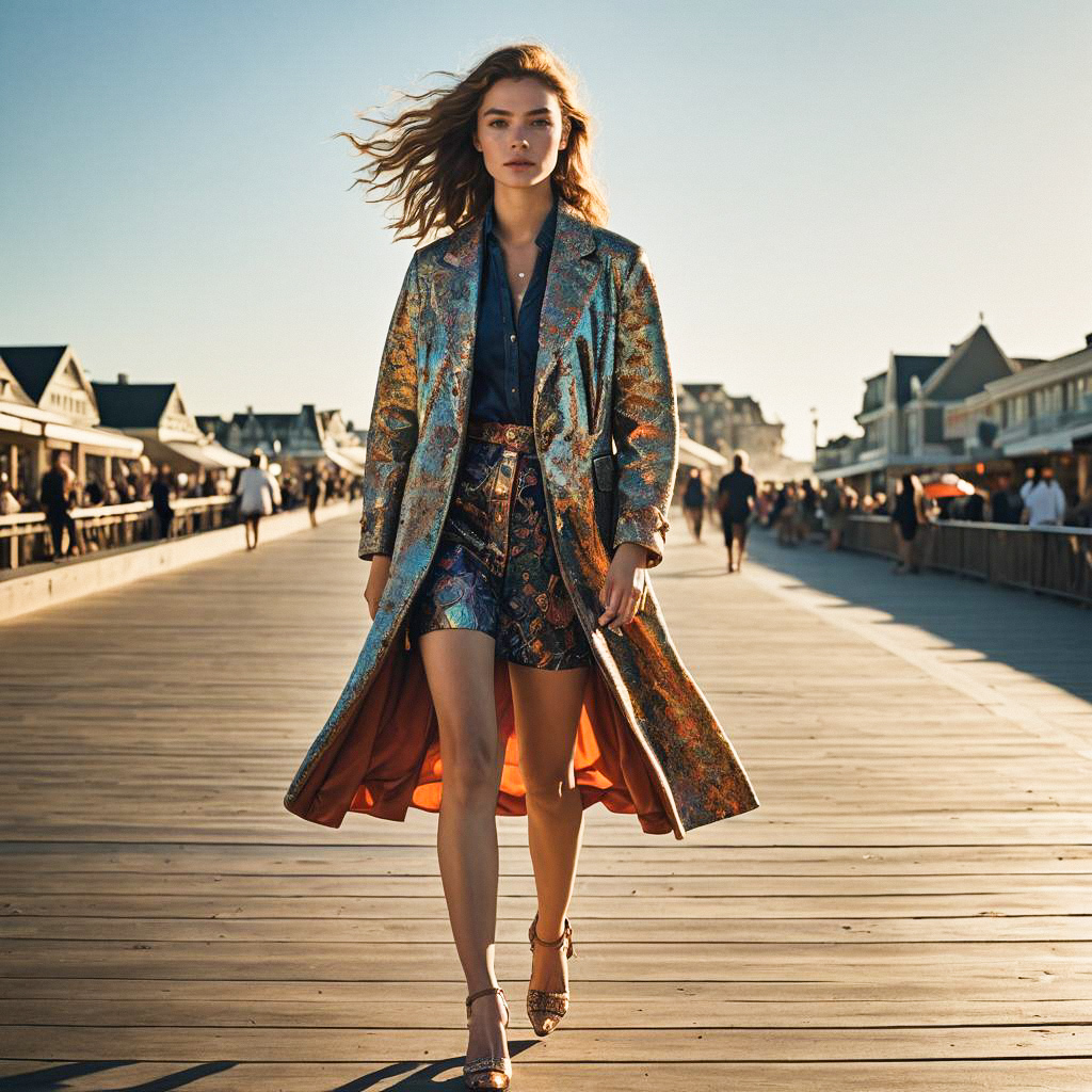Confident Woman in Metallic Coat on Boardwalk