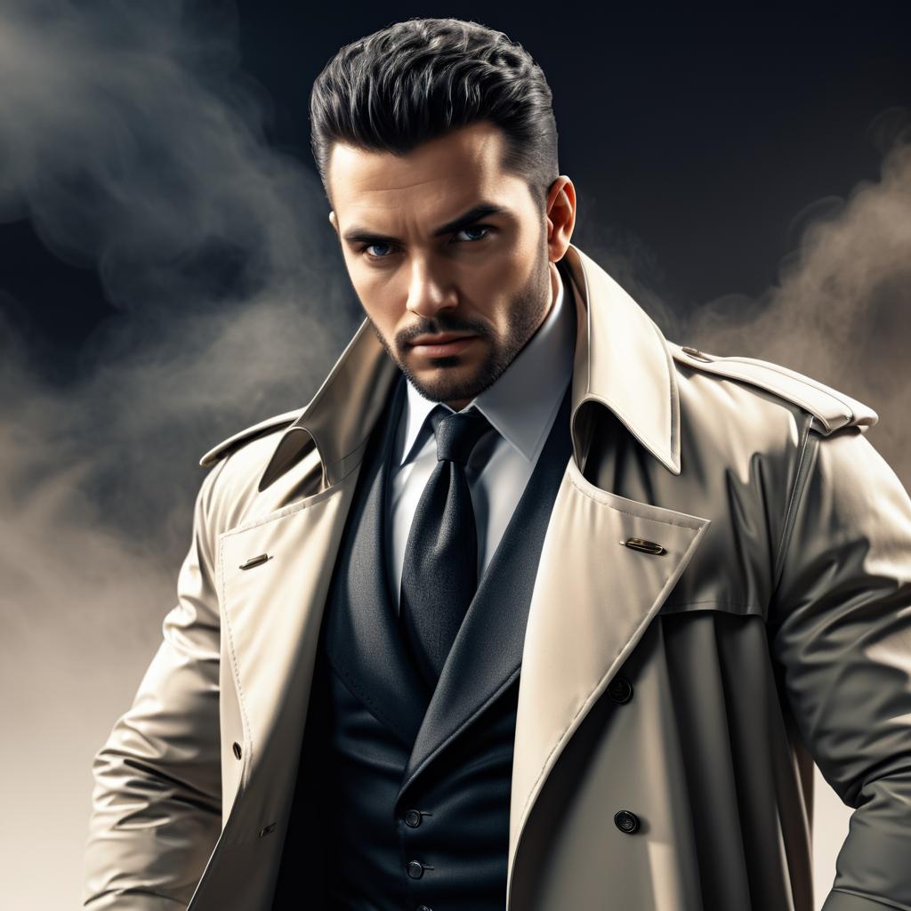 Confident Man in Trench Coat with Smoke Background